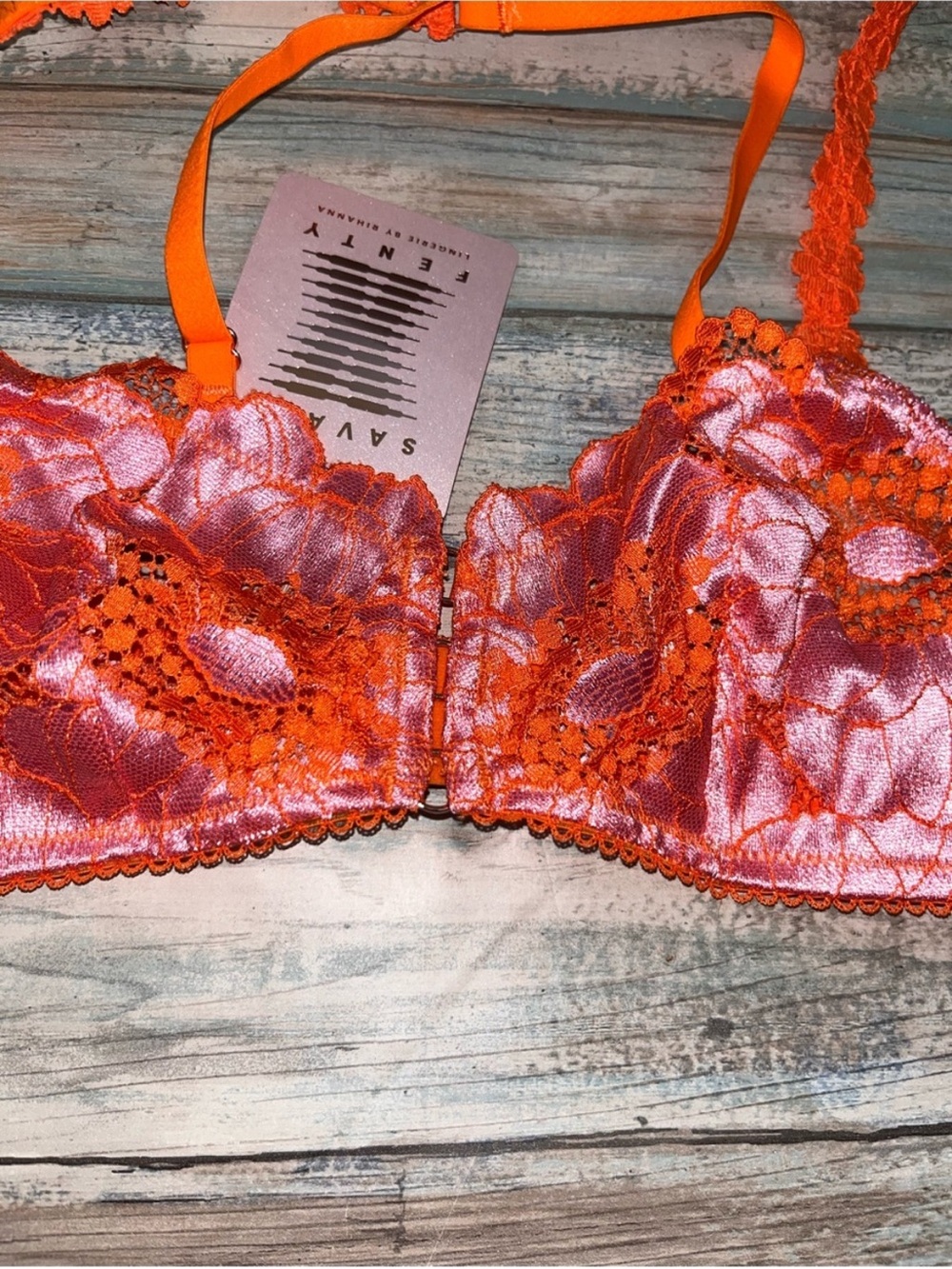 NWT Savage X Fenty Perfect Poppies Unlined Lace Demi Bra Pink Orange S - Picture 3 of 5